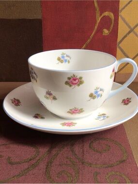 Shelley Rose Pansy Forget-Me-Not Oversize Teacup and Saucer with Blue Trim
